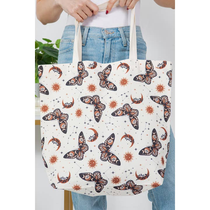 BOHO BUTTERFLY PRINT CANVAS TOTE BAG