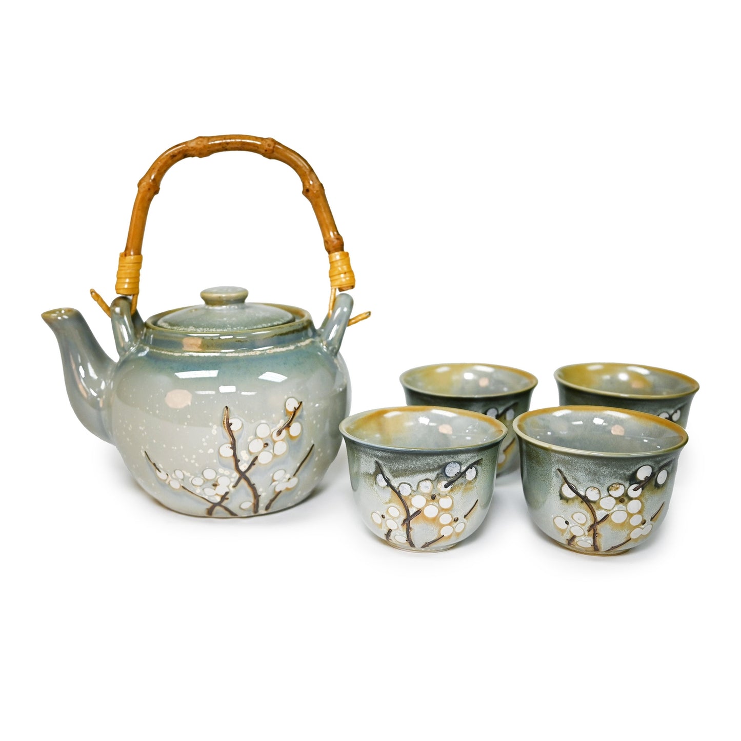 WHITE PLUM BLOSSOM TEA SET (TEAPOT AND FOUR TEACUPS)