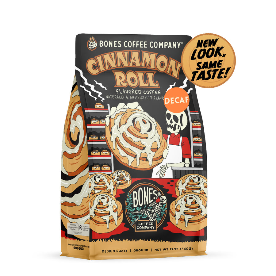 BONES COFFEE CINNAMON ROLL DECAF 12OZ GROUND COFFEE