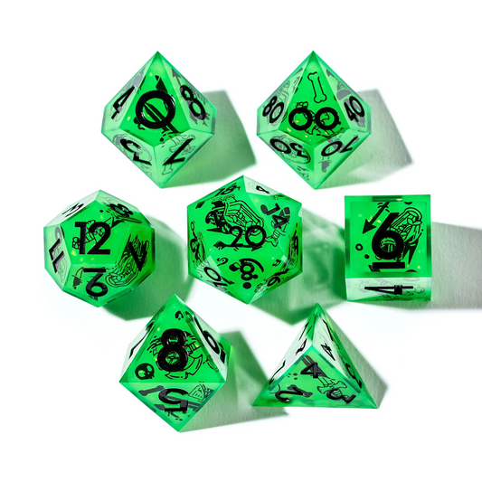 DISPEL DEATH BY OOZE GLOW IN THE DARK 7PC DICE SET