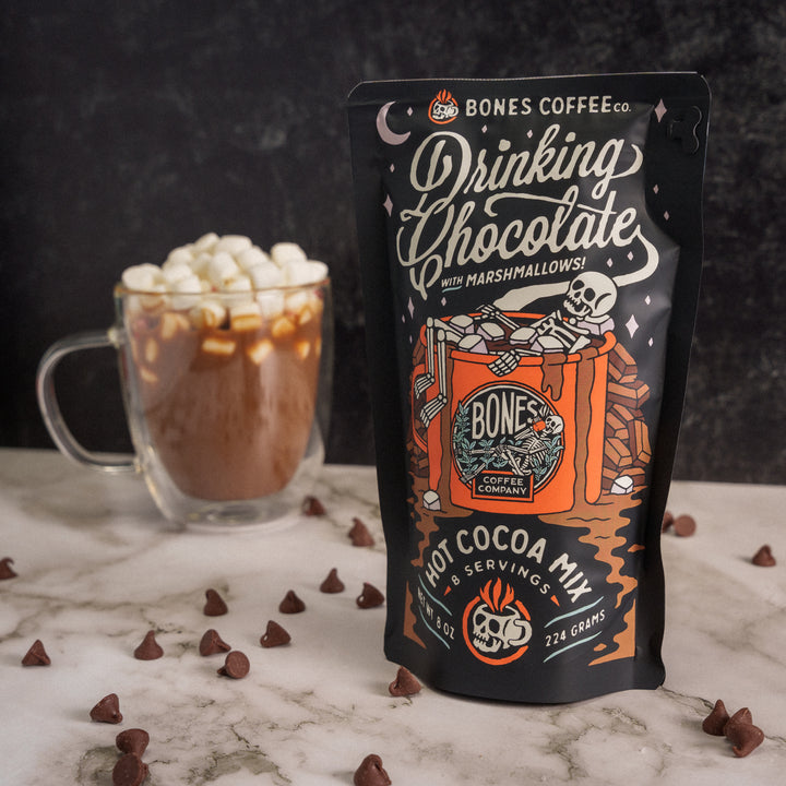 BONES COFFEE DRINKING CHOCOLATE HOT COCOA MIX 8 SERVINGS