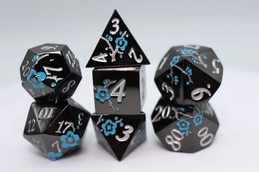 BLACK WITH BLUE ORCHIDS METAL DICE