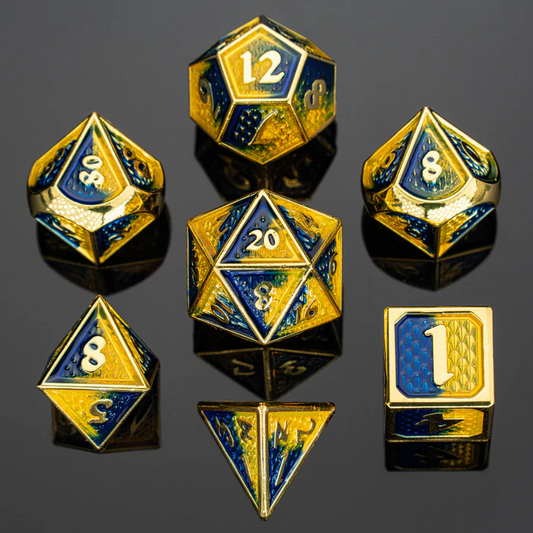 SOLID METAL BEHEMOTH DICE SET: GOLD W/ YELLOW & BLUE ENAMEL