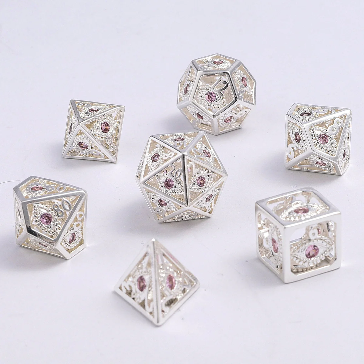 MINI DRAGON'S EYE HOLLOW METAL DICE SET: PINK GEMS