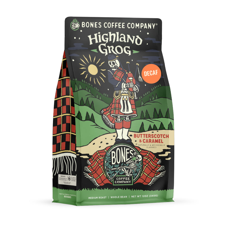 BONES COFFEE HIGHLAND GROG DECAF 12OZ WHOLE BEAN COFFEE