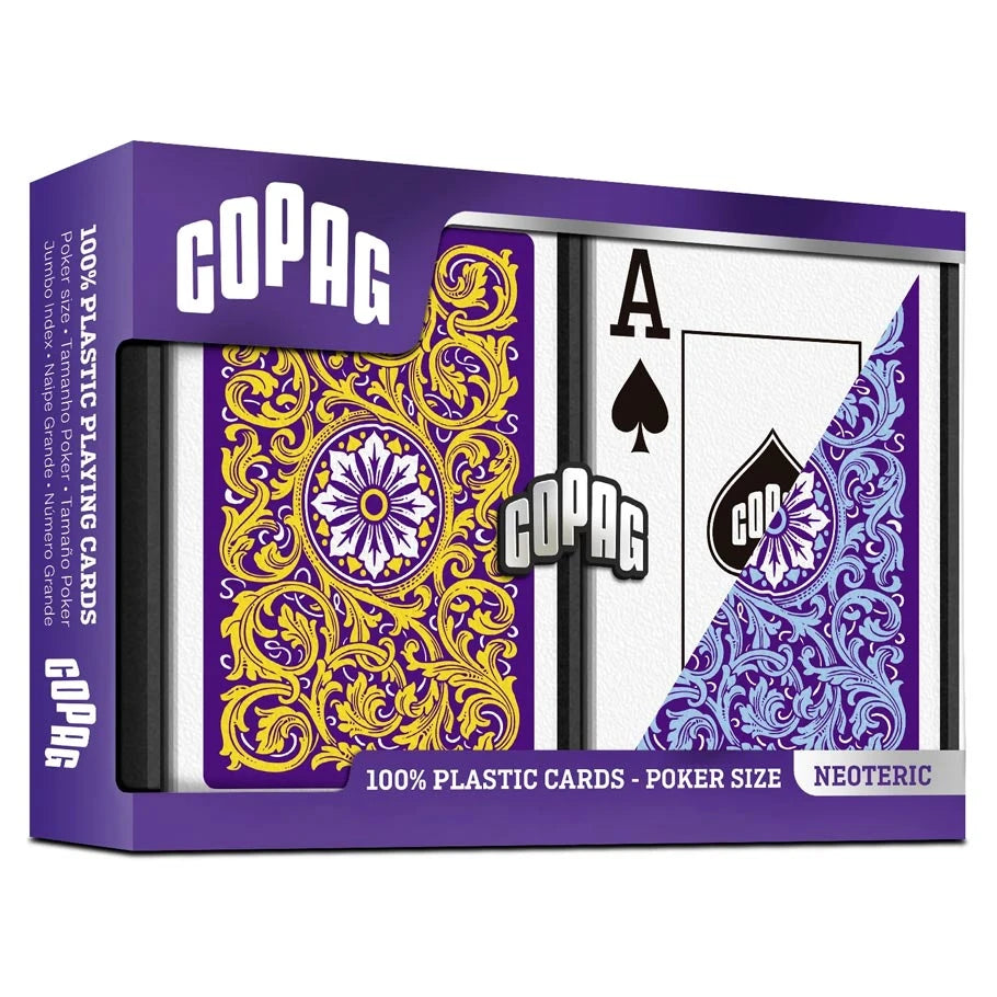 PLAYING CARDS: COPAG: NEOTERIC: PLASTIC POKER SIZE JUMBO INDEX VIOLET/YELLOW/BLUE 2-PACK