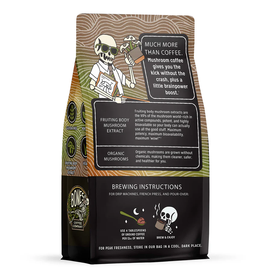 BONES COFFEE BETTER BRAIN MUSHROOM COFFEE DARK ROAST 10OZ GROUND COFFEE