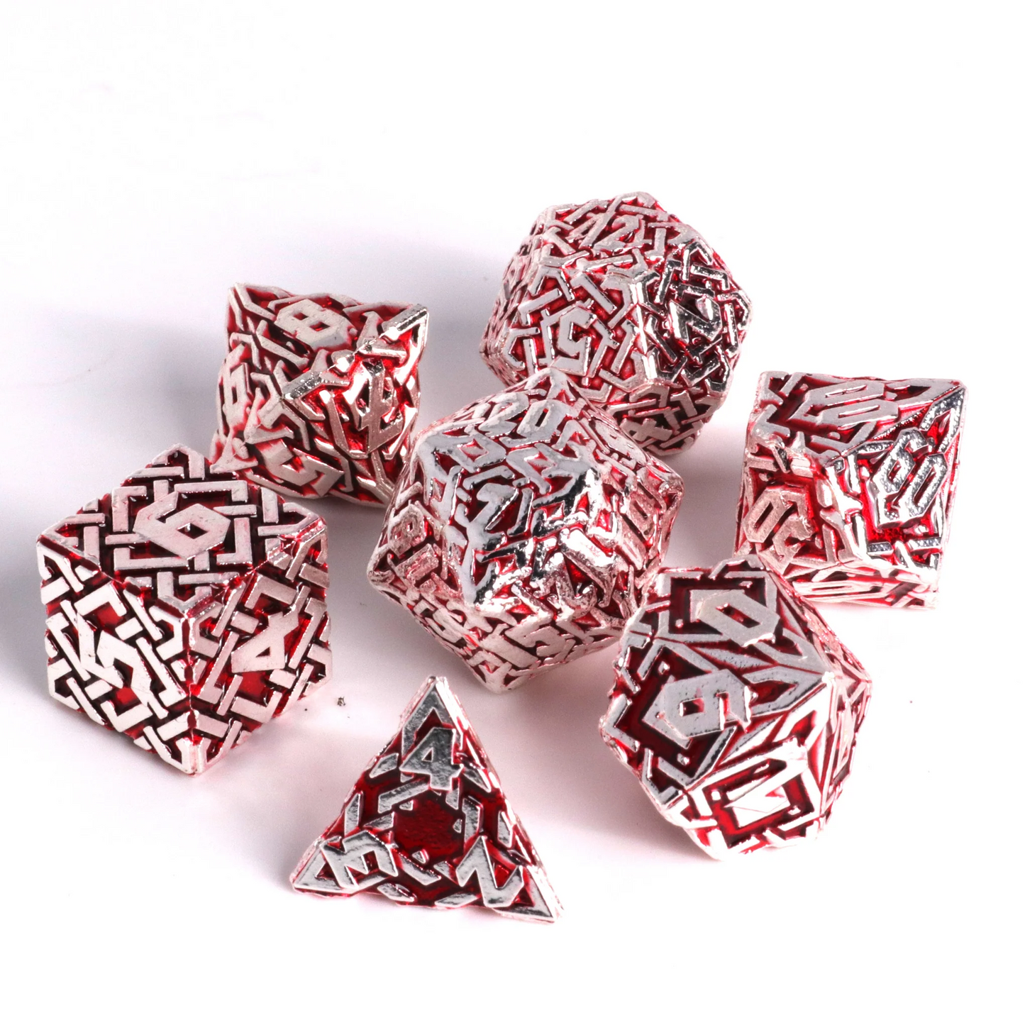 RUNEWEAVER SHINY SILVER W/ RED 7 PC RPG METAL DICE SET