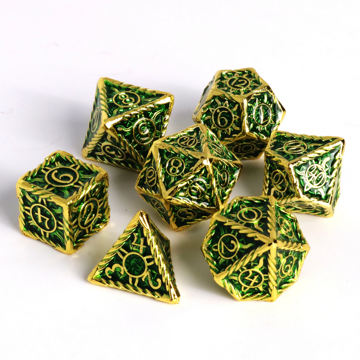 SUNWAVE GOLD w/ GREEN 7pc RPG METAL DICE SET