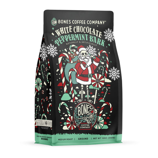 BONES COFFEE WHITE CHOCOLATE PEPPERMINT BARK 12OZ GROUND COFFEE