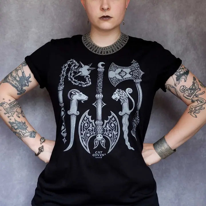CHOOSE YOUR WEAPON T-SHIRT BY CAT COVEN
