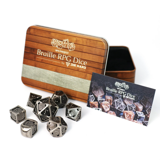 BRAILLE 7PC HOLLOW METAL DICE SET: SILVER INGOT