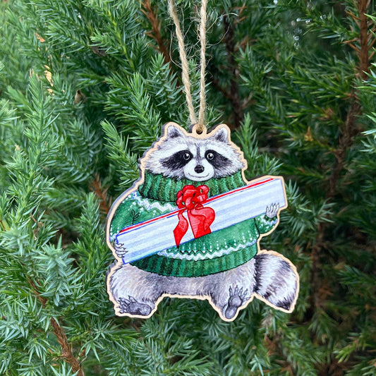 FESTIVE RACCOON WOODEN HOLIDAY ORNAMENT