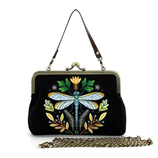 DRAGONFLY KISSLOCK VINTAGE STYLE PURSE (BLACK)