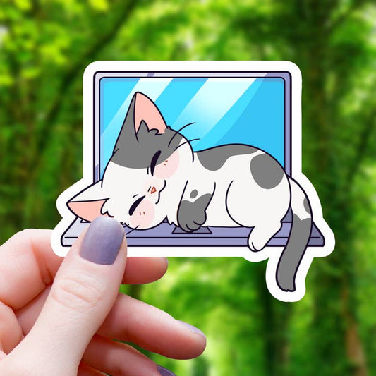 CAT SLEEPING ON LAPTOP STICKER