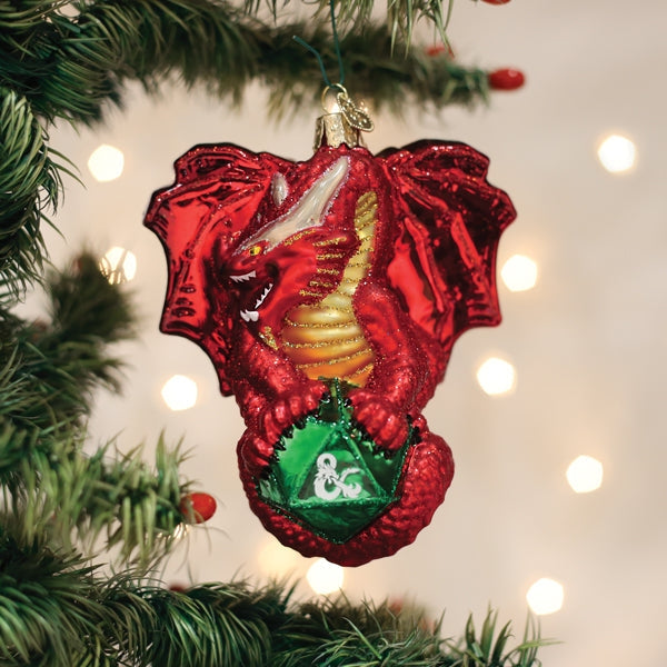 D&D RED DRAGON ON D20 GLASS HOLIDAY ORNAMENT