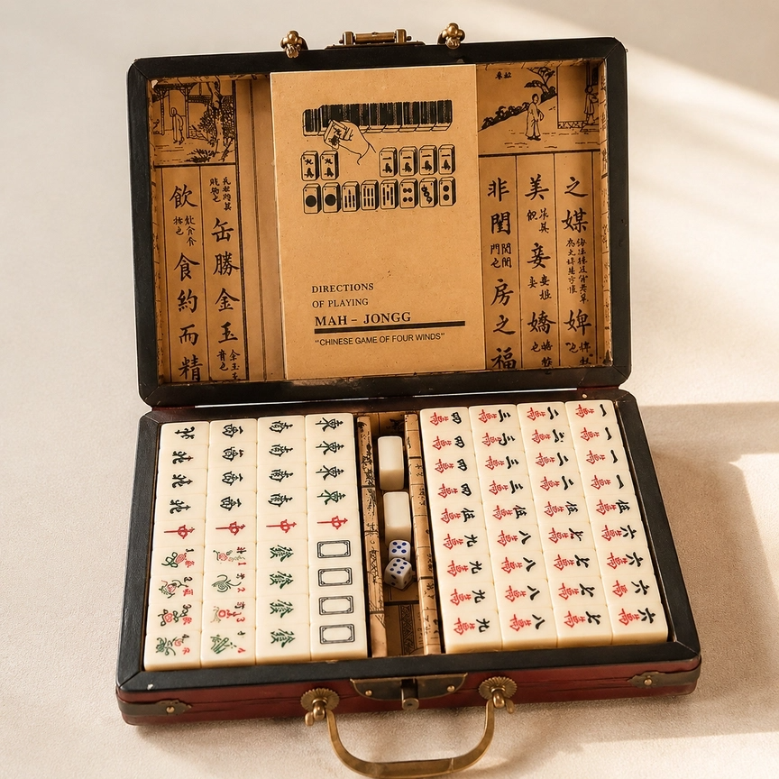 MINI MAHJONG SET WITH VINTAGE LEATHER CASE