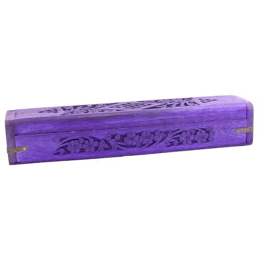 PURPLE FLORAL HAND CARVED WOODEN INCENSE BOX