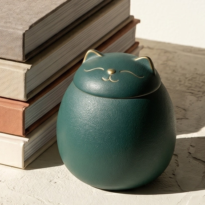 GREEN LUCKY CAT CERAMIC TEA CANISTER