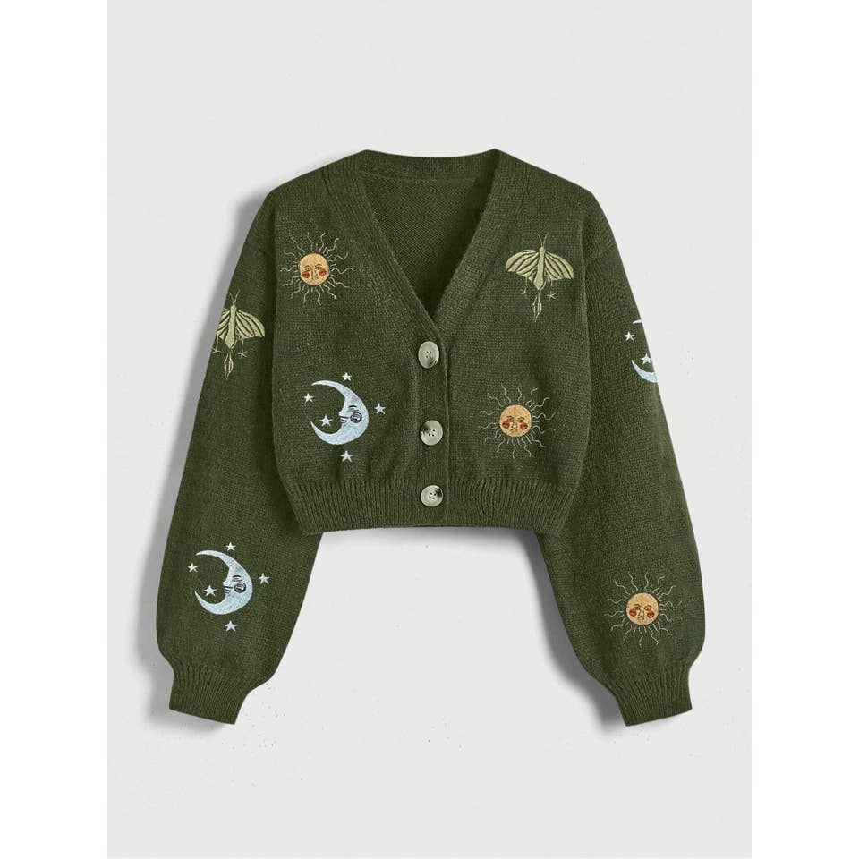 SUN AND MOON EMBROIDERED CROPPED CARDIGAN