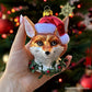 FOX WITH SANTA HAT GLASS HOLIDAY ORNAMENT