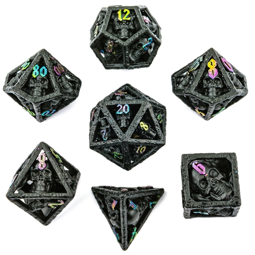 SKULL'S GRIN HOLLOW METAL DICE SET: BLACK W/ CHROMATIC