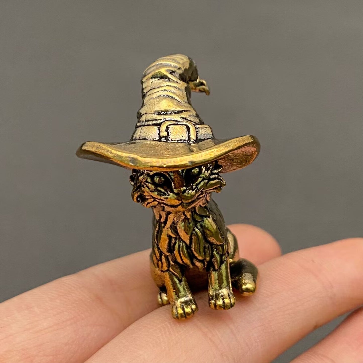 MINIATURE BRASS MAGIC CAT WIZARD