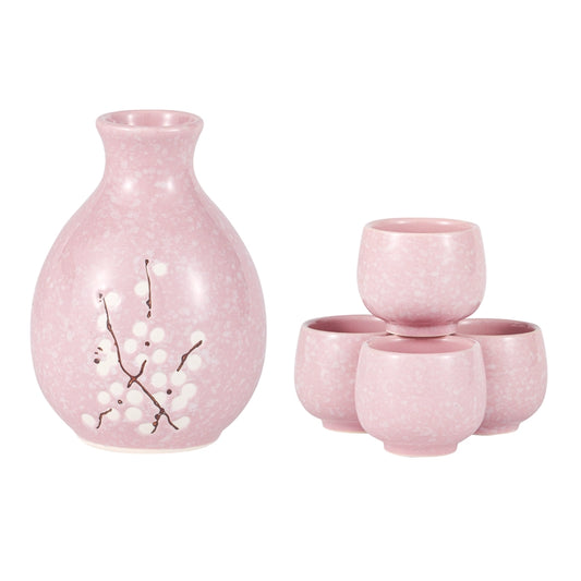PINK UME PLUM BLOSSOM SAKE SET BOTTLE AND 4 CUPS
