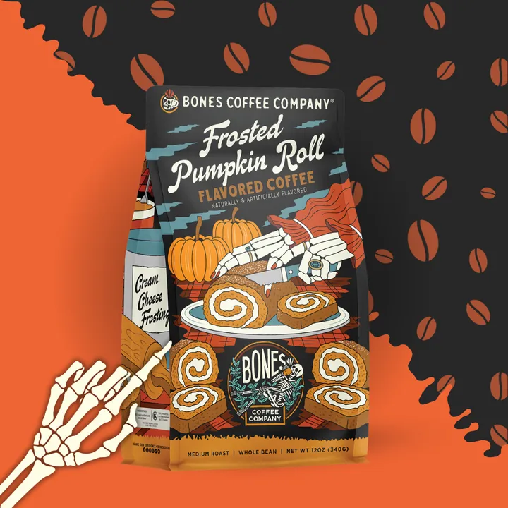 BONES COFFEE FROSTED PUMPKIN ROLL 12OZ WHOLE BEAN COFFEE