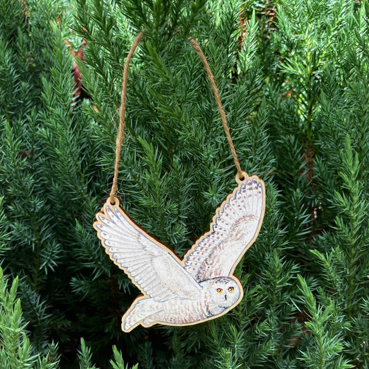 SNOWY OWL WOODEN HOLIDAY ORNAMENT