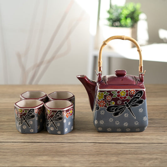 DRAGONFLY TEA SET (TEAPOT AND FOUR TEACUPS)