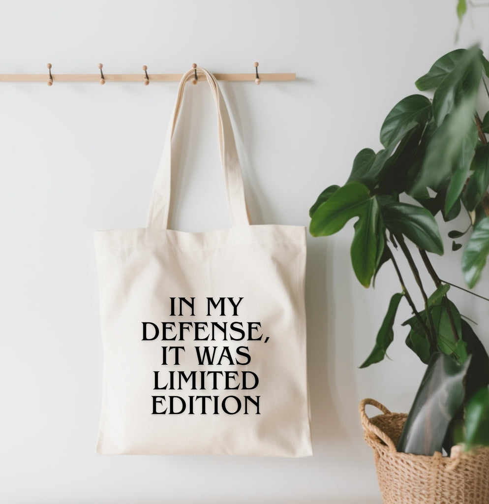 IN MY DEFENSE IT WAS LIMITED EDITION CANVAS TOTE BAG