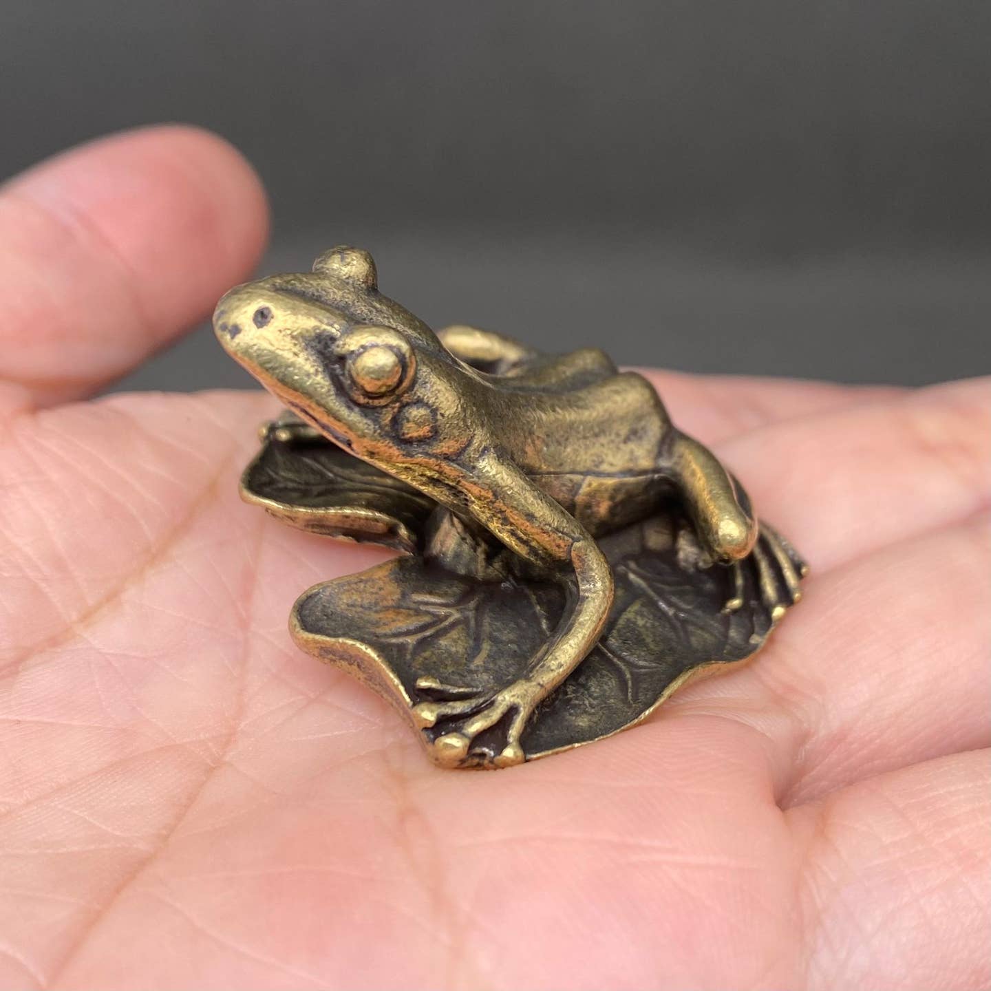 MINIATURE BRASS FROG ON LOTUS LEAF