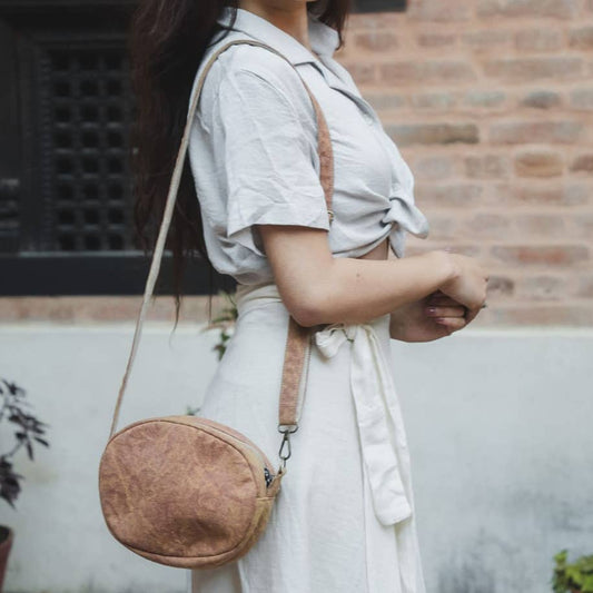 LIGHT BROWN STONEWASHED CROSSBODY BAG - PILLBOX SHAPE