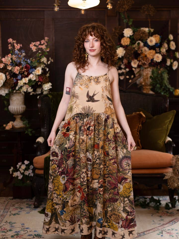 GOLDEN HOUR BOHÉME LONG MAXI SLIP DRESS W/ FLORAL PRINT