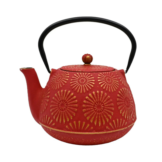 RED KIKU CHRYSANTHEMUM 40OZ CAST IRON TEA POT