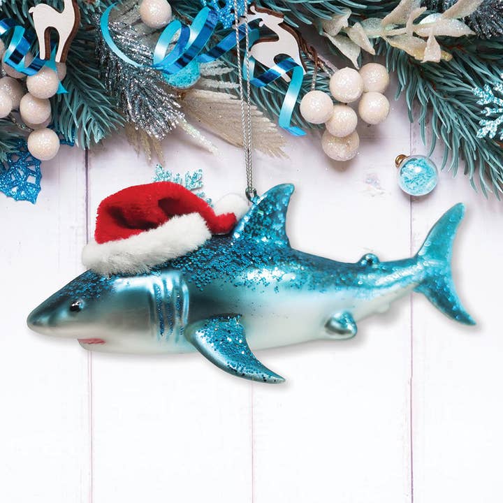 SHARK WITH SANTA HAT GLASS HOLIDAY ORNAMENT