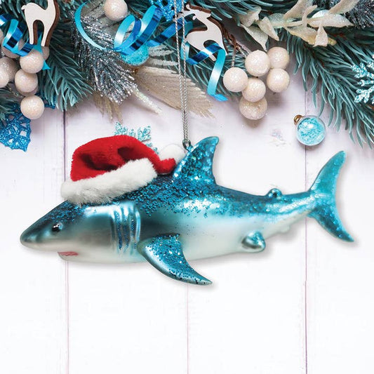 SHARK WITH SANTA HAT GLASS HOLIDAY ORNAMENT