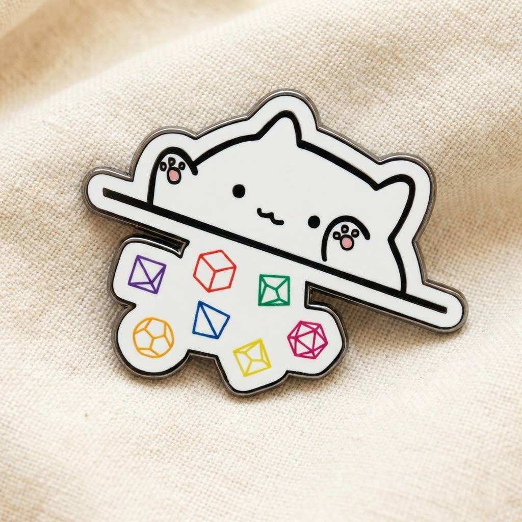 WHITE CAT THROWING DICE ENAMEL PIN