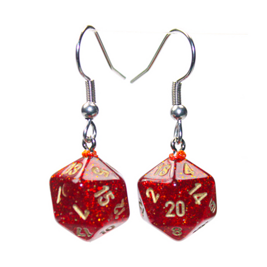 HOOK EARRINGS MINI D20 GLITTER RUBY