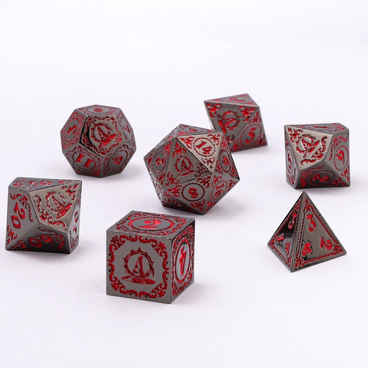WIZARD METAL RPG DICE - GUNMETAL W/ BLOOD