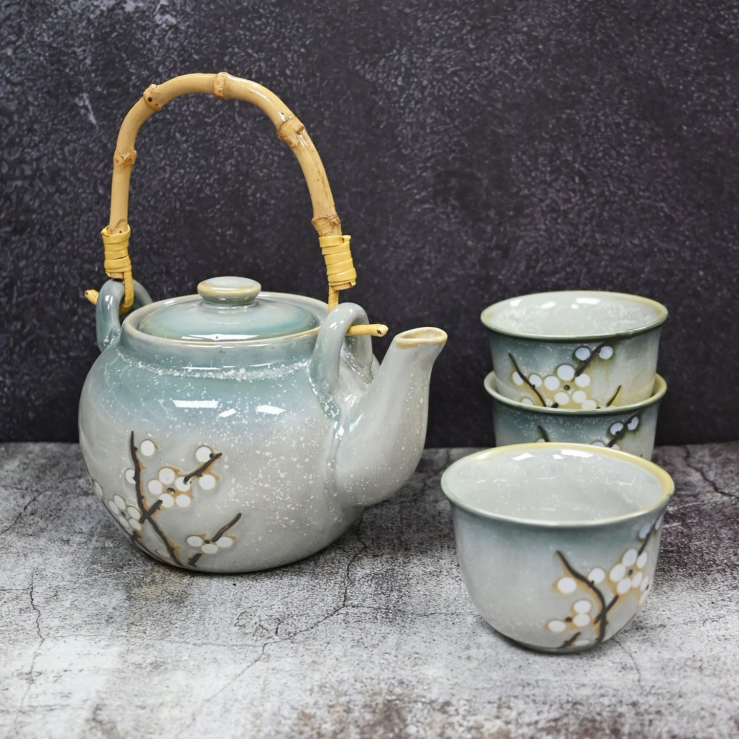 WHITE PLUM BLOSSOM TEA SET (TEAPOT AND FOUR TEACUPS)