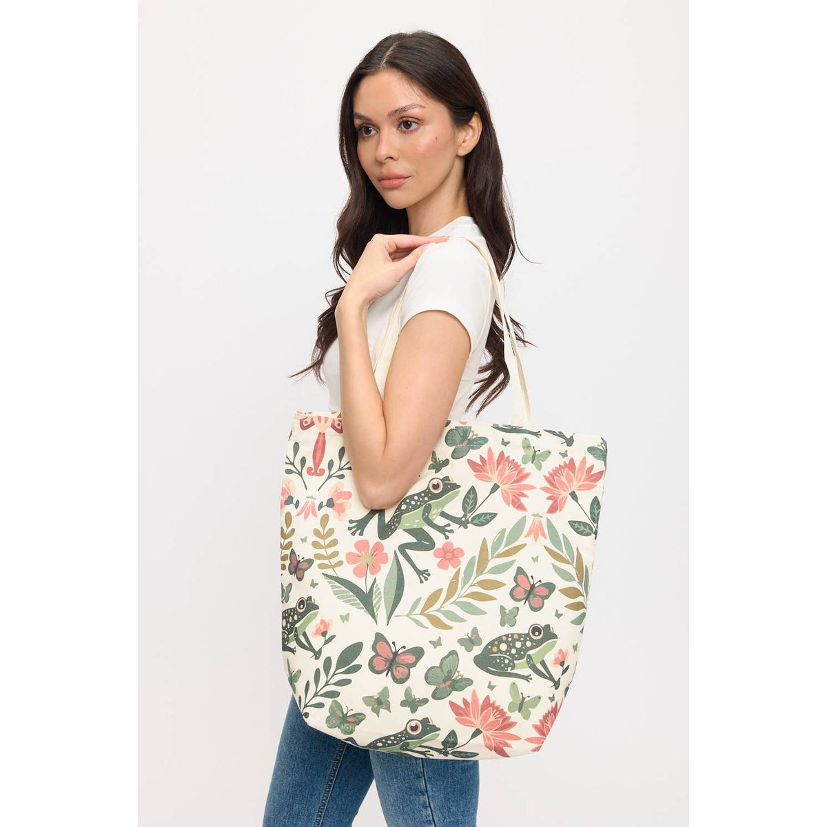 FOLK ART FROG AND FLORAL PRINT TOTE BAG