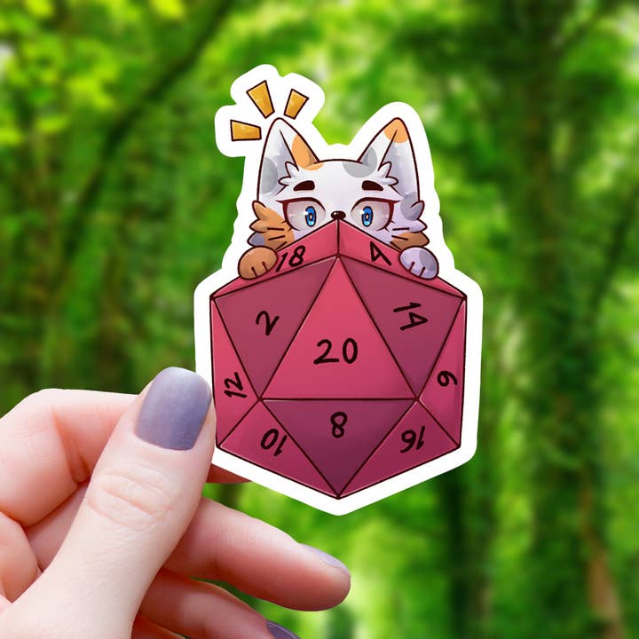 CAT PEEKING OVER D20 STICKER