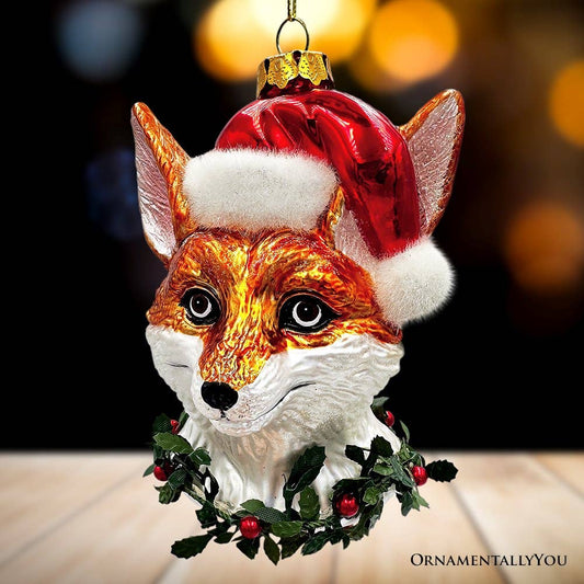 FOX WITH SANTA HAT GLASS HOLIDAY ORNAMENT