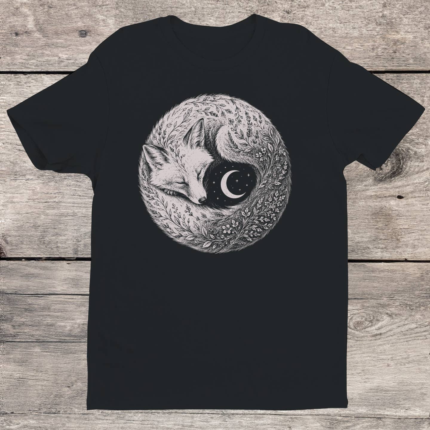 SLEEPING FOX, MOON, AND STARS T-SHIRT