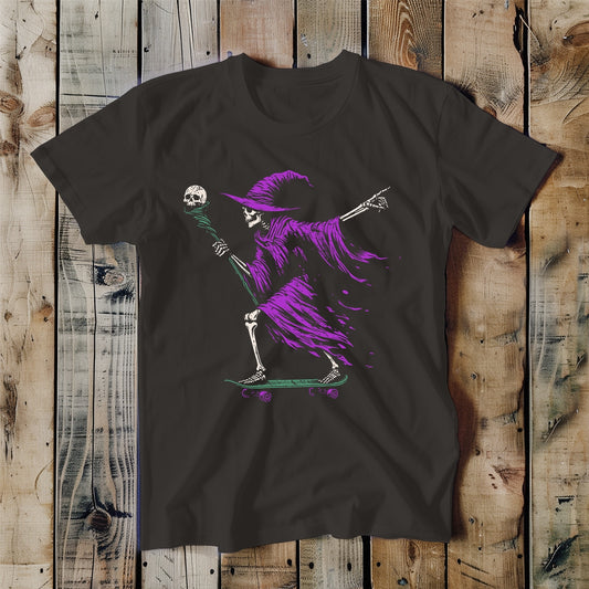 SKATEBOARDING SKELETON WIZARD T-SHIRT