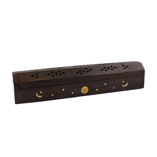 WOODEN CELESTIAL INCENSE BURNER IN DARK BROWN