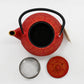 RED KIKU CHRYSANTHEMUM 40OZ CAST IRON TEA POT