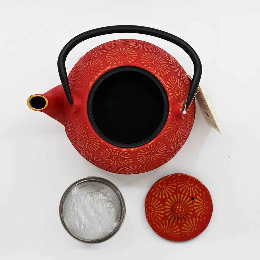 RED KIKU CHRYSANTHEMUM 40OZ CAST IRON TEA POT